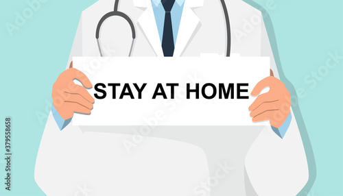 Set of doctor cartoon character with sign and stay at home text.