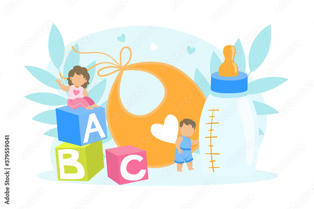 Tiny Toddler Girl and Boy with Big Baby Care Accessories, Baby Products and Toys Cartoon Vector Illustration Tiny Toddler Girl and Boy with Big Baby Care Accessories, Baby Products and Toys Cartoon Vector Illustration