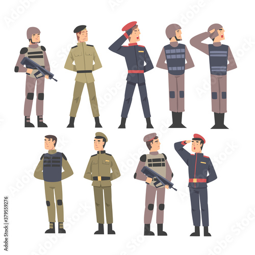 Military People Set, Army Soldiers Characters Dressed in Various Combat Uniform Cartoon Style Vector Illustration