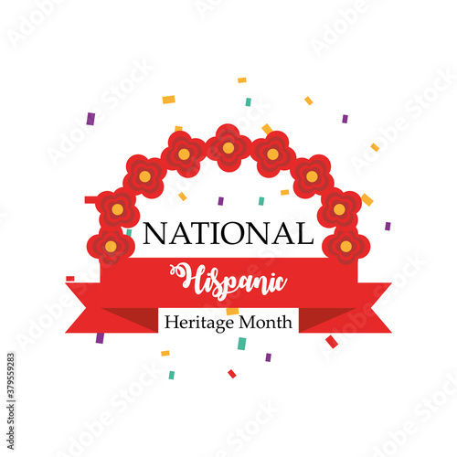 national hispanic heritage month with flowers arch and ribbon vector design
