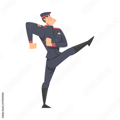 Army Soldier Marching, Infantry Military Man Character in Blue Uniform and Cap Cartoon Style Vector Illustration