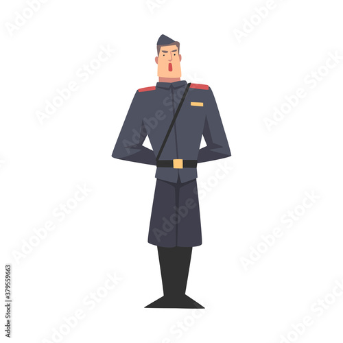 Army Soldier, Infantry Military Man Character in Blue Uniform and Cap Cartoon Style Vector Illustration