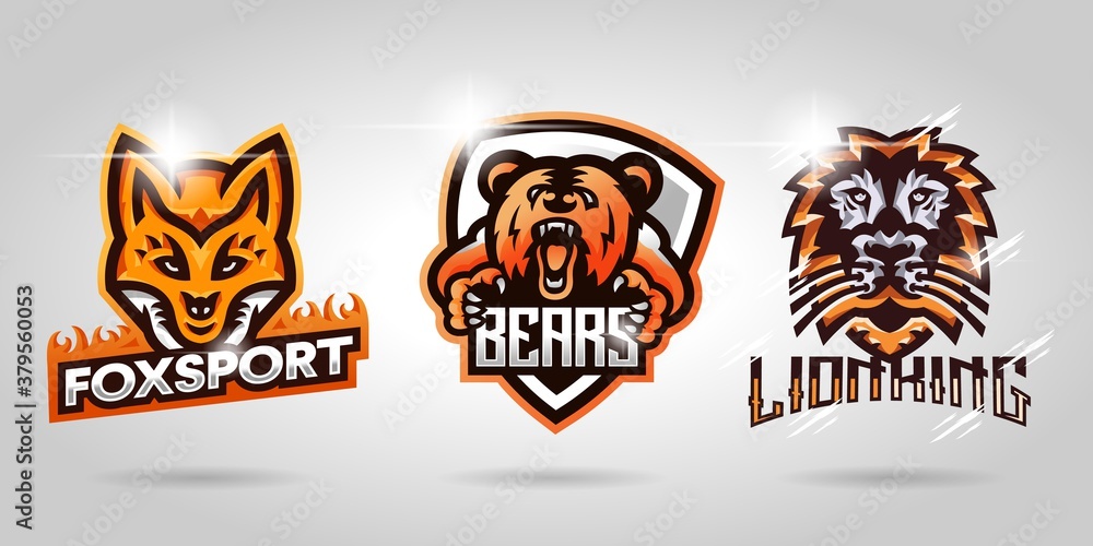A collection of fox, bear, lion sports mascot character logo designs. Great for e-sport gaming, basketball, soccer, etc. A collection of fox, bear, lion sports mascot character logo designs. Great for e-sport gaming, basketball, soccer, etc.