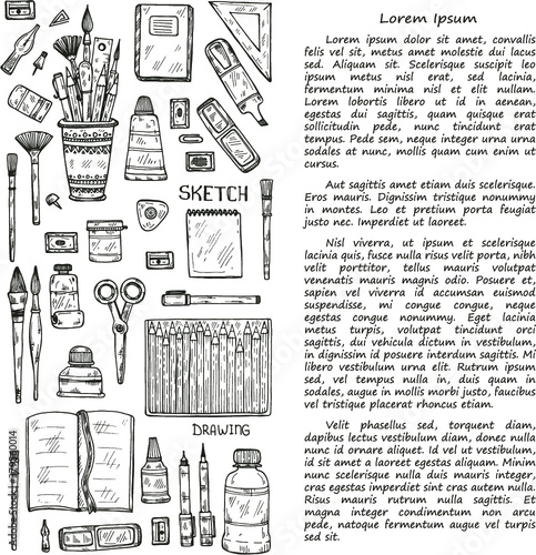Card template with cute hand drawn art tools including pencils; pens; brush and others. Vector hand drawn art collection