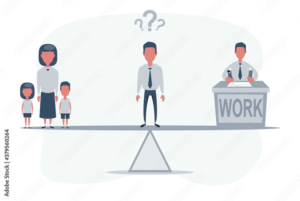 Standing in the middle between life and work. Work and Life balance concept. Businessman standing on seesaw. Vector flat design illustration. Standing in the middle between life and work. Work and Life balance concept. Businessman standing on seesaw. Vector flat design illustration.