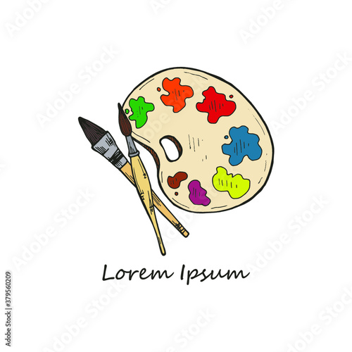 Composition with cute hand drawn  brushes and palette. Vector hand drawn art collection