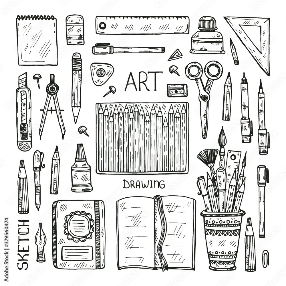 Set of cute hand drawn drawing tools including pencils; pens