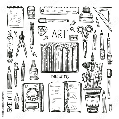 Set of cute hand drawn drawing tools including pencils; pens; watercolor; eraser; pastel; brush; and others. Vector hand drawn art collection