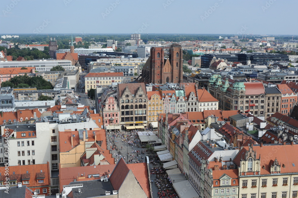 Aerial view of panorama of old town in the city of Wroclaw or Breslau in southern Poland in summer with red tile roofs