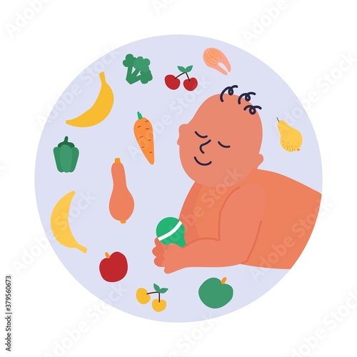 first feeding of child. Mom offers a pear. healthy fruit for children. growth and development of child and his nutritional status. Cartoon hand drawn vector isolated on white.