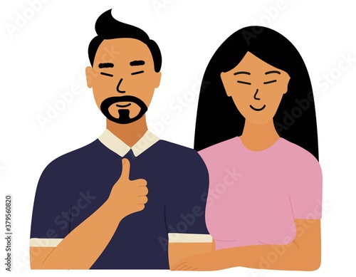 young asian man showing thumb up and his wife or girlfriend. Dark blue and purple clothes. Slanted eyes, black hair, yellow skin. Chinese, Japanese, Korean. Cartoon hand drawing illustration vector