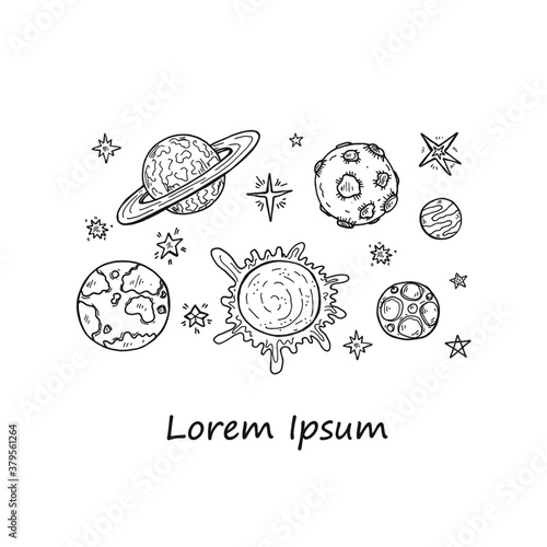 Composition with cute hand drawn space objects: stars. planets, sun. Hand-drawn vector collection