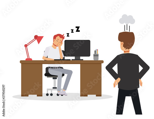Illustration of  Businessman slack off work, take a nap. employee sleeping at work desk in the office. Manager is angry when saw that. Vector business concept
