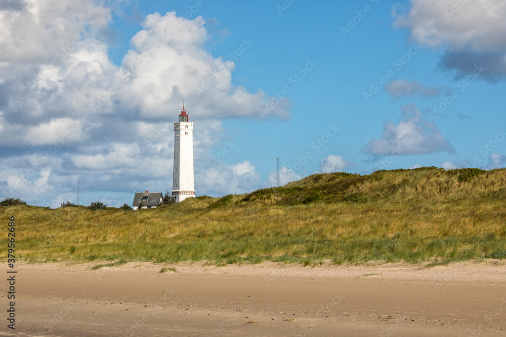 North Sea coast at Blåvand, Jutland with beach, dunes and lighthouse
