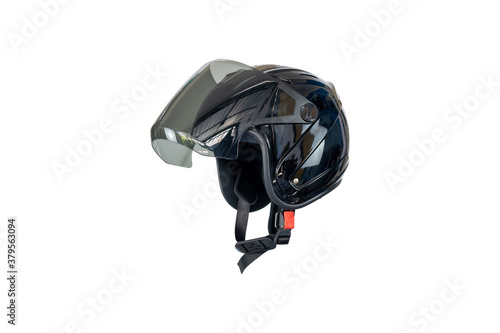 Side view of a black helmet isolated on white background.
