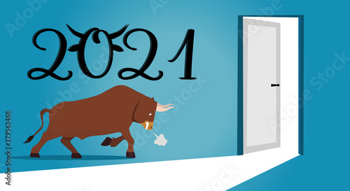 The bull goes to the door of 2021. 2021 is approaching. Opened door for the new year. New Year is coming. The bull walks towards the open door of next year on a blue background. Vector illustration.