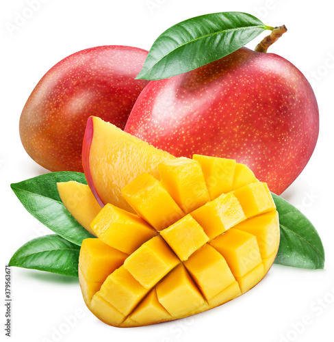 Mango with leaves and mango slices isolated on a white background.