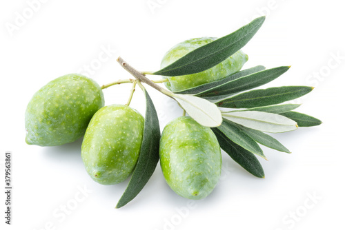 Wallpaper Mural Green natural olives with leaves isolated on a white background. Torontodigital.ca