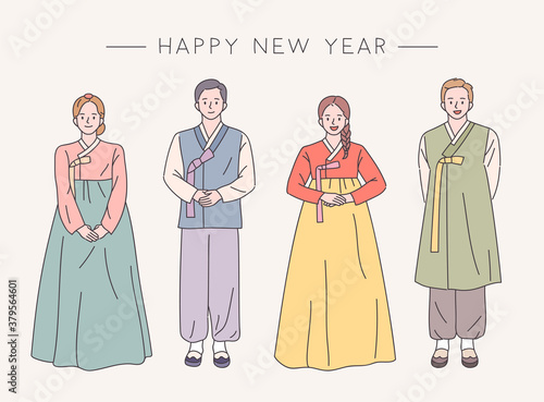 Male and female couples are wearing traditional Korean clothes. flat design style minimal vector illustration.
