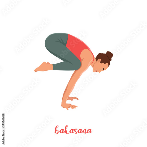 crane pose - Bakasana Yoga pose. Young woman practicing yoga / exercise. Woman workout fitness, aerobic and exercises. Vector Illustration.