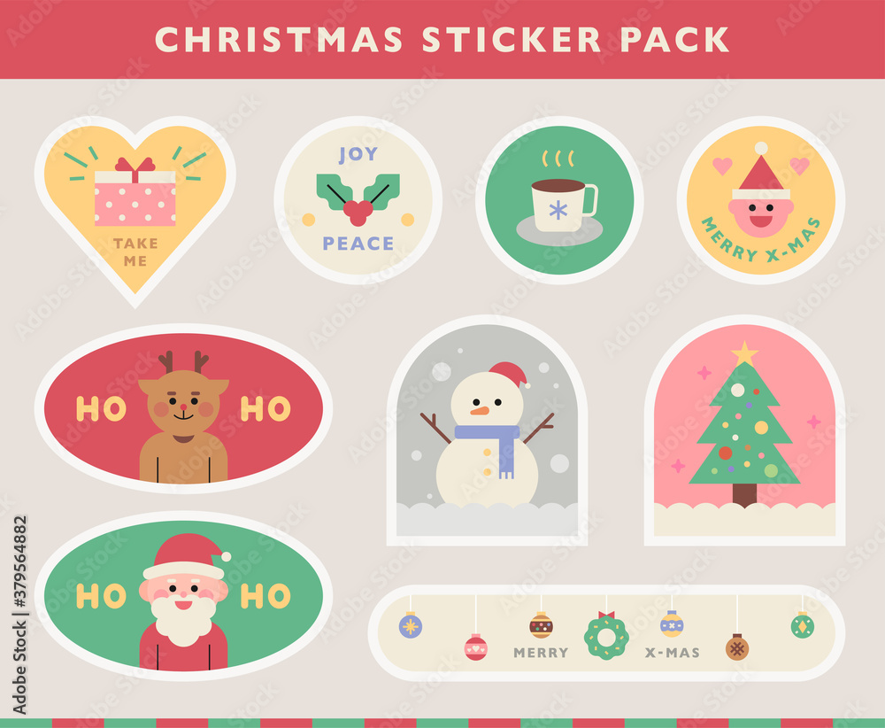 Christmas sticker pack, flat design style minimal vector illustration.