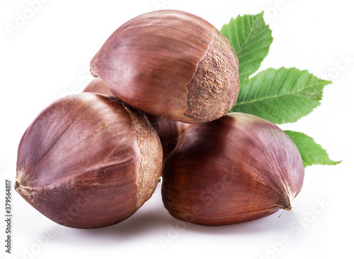 Raw peeled edible chestnut fruits isolated on white background.