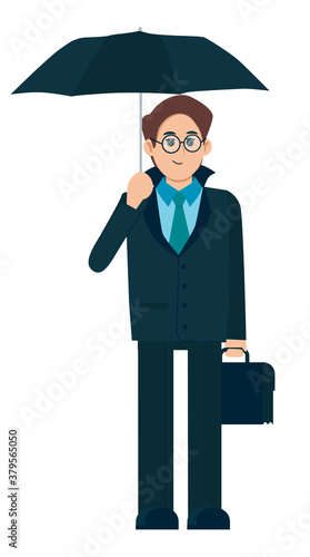 Young man with an umbrella in the rain. Bad rainy weather. Flat cartoon illustration isolated on white background.