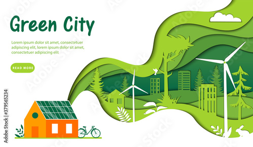 Urban Green City Concept. Huge Green Wave With Green City And Nature Pictured Inside Connecting To The House With Solar Panels Fitted To The Roof. Flat Style Vector Illustration On White Background