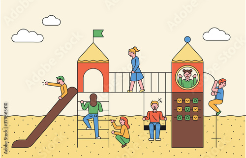 People are playing on the playground. flat design style minimal vector illustration.