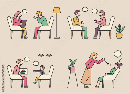 People who receive psychological counseling and receive psychotherapy. flat design style minimal vector illustration.