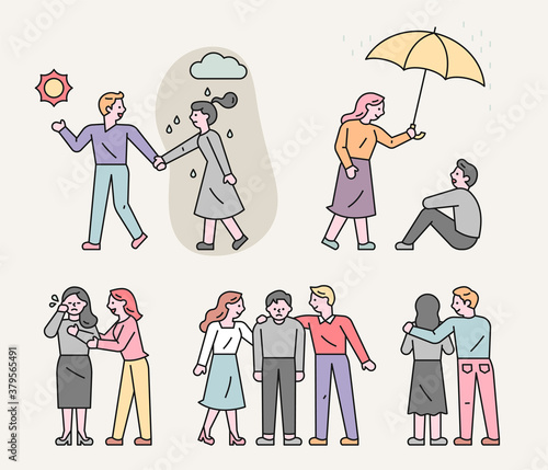 Good people helping someone with psychological problems. flat design style minimal vector illustration.