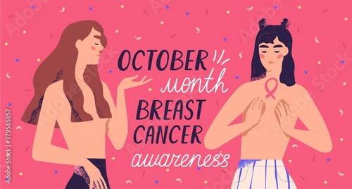 Banner of October month breast cancer awareness with place for text vector flat illustration. International movement support and protection of cure oncology disease. Women with pink ribbon symbols