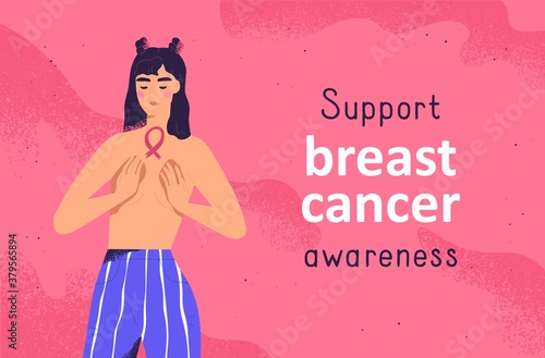 Horizontal banner of support breast cancer awareness vector flat illustration. Promo of global feminine social movement with place for text. Woman with pink ribbon symbols. International women unity
