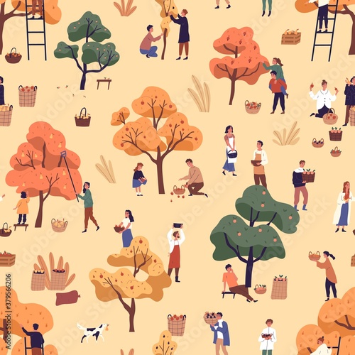 Happy people picking fruits seamless pattern. Smiling man, woman and children gathering apples in garden vector flat illustration. Cartoon person with autumn harvest or seasonal agricultural work