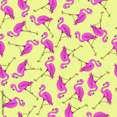 Realistic pink flamingo seamless pattern. Cartoon vector illustration on yellow background for games  background  pattern  decor. Print for fabrics and other surfaces.