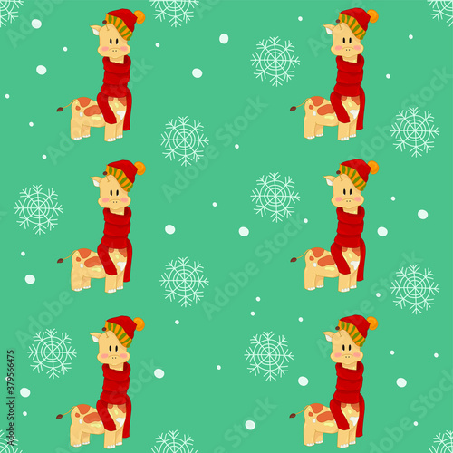 Cute cartoon giraffes in red winter hats and scarfs in snow seamless pattern. Colorful vector illustration on green blue background for games, background, pattern, decor. Print for fabrics