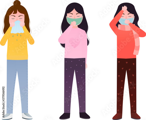 Set of sick girls suffering from virus infection, medical concept, kids having cold and feeling unwell, child desease