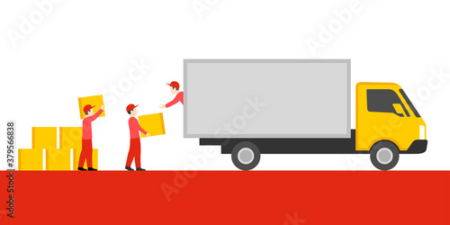 Delivery vector illustration with cargo truck and group of people and carton boxes