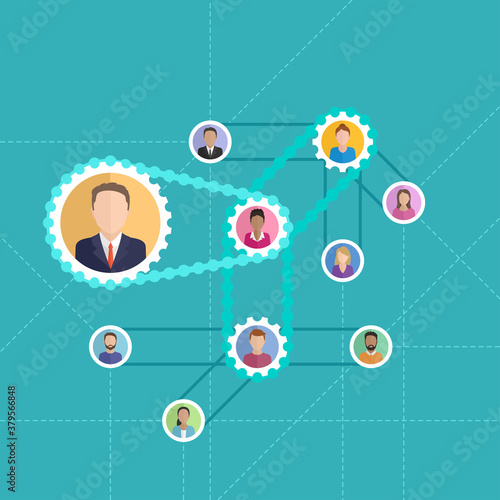 Referral program concept - people avatars (userpic) connected with hierarchical chain drive (gearbox) mechanism - vector marketing illustration