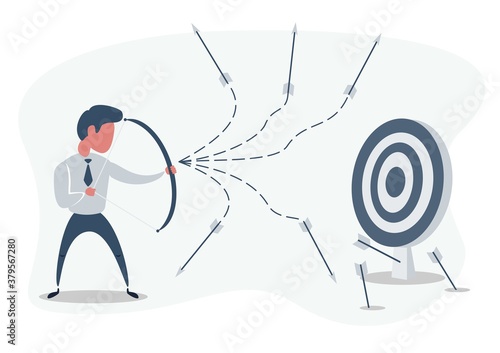 Man or businessman shooting arrow at target with bow and missing. Business concept of failure. Stock vector illustration f