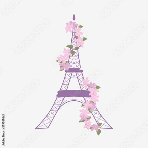 Vector illustration of a stylized eiffel tower with Clematis flowers.