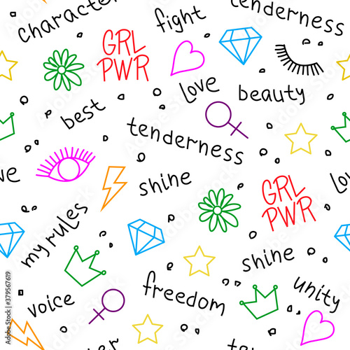 Vector seamless pattern with multicolor icons and hand-lettering phrases related to girl power and feminist movement - brilliant, crown, star, power etc.Abstract background for prints, t-shirts, cards
