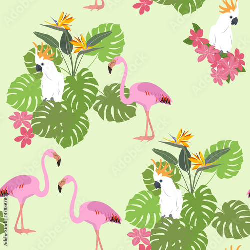 Seamless beautiful pattern with tropical plants  flamingos and a parrot.