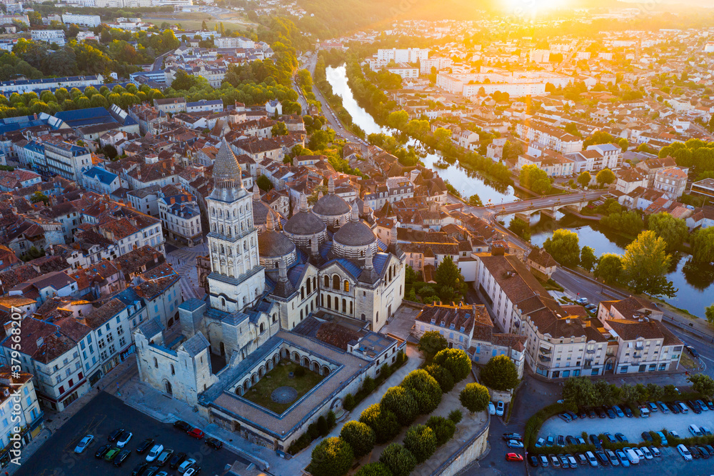 Scenic aerial view of French commune of Perigueux at first rays of morning sun