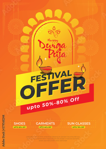 Durga Puja Festival Offer A4 Poster Design Layout Template Vector Illustration