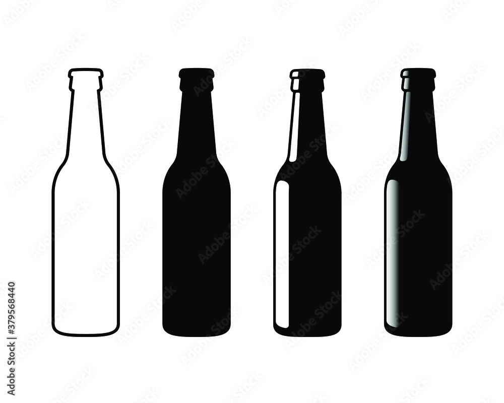 Beer bottle vector icon. Lemonade soda drink symbol. Bar or pub sign. Brewery and restaurant logo. Black silhouette isolated on white background. Beer bottle vector icon. Lemonade soda drink symbol. Bar or pub sign. Brewery and restaurant logo. Black silhouette isolated on white background.