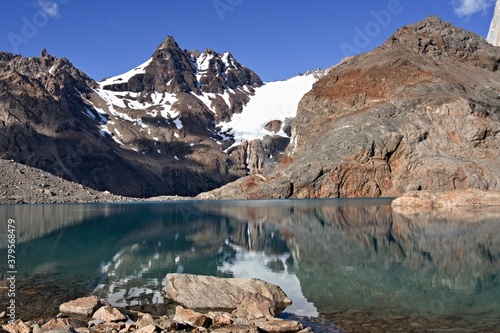 View of Lake de los Tres and Rio Blanco Glacier and Peak Mojon Rojo. Los Glaciares National Park. Patagonia. Argentina. South America.