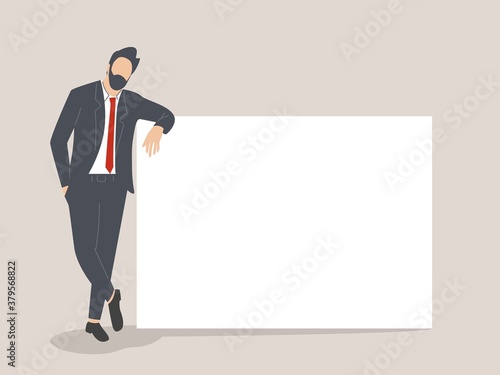 Business man is leaning on a blank poster. A place to post your advertisement or other information. Advertising. Illustration in cartoon style. Business communication board poster, paper message