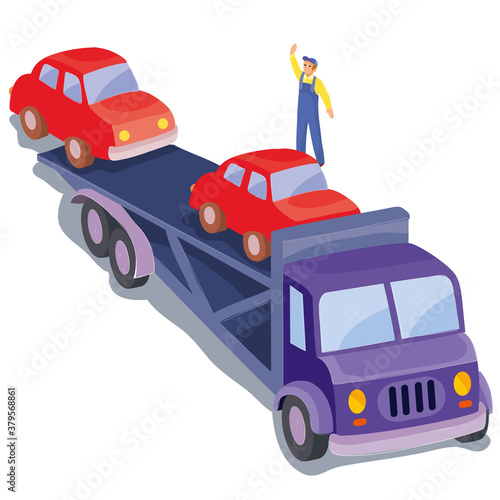 car transportation by car, man helping to unload the goods, isolated object on white background, vector illustration,