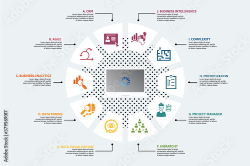 Infographic Business Intelligence template. Icons in different colors. Include Crm, Agile, Business Analytics, Data Mining and others.